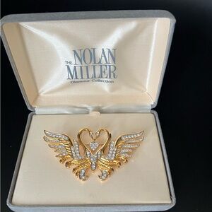 Nolan Miller Swan Pin Brooch Dangle Heart Crystal Rhinestones Gold tone NIB